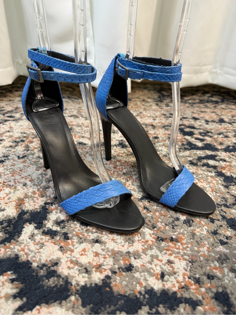 Tibi ‘Amber’ Blue Python Snake Embossed Ankle Strap Open Toe Heels Size 8